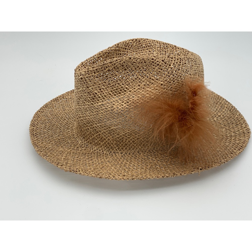 Yupoong Straw Fedora Hat Tan Open Weave Feather Pom Detail Womens Summer Sun Hat